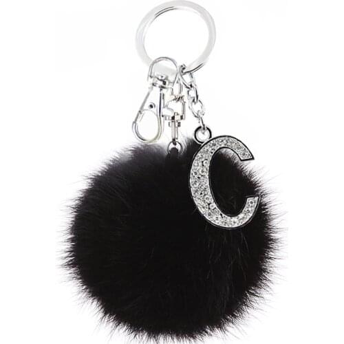 5 Style Fluffy Black Pompom Faux Rabbit Fur Ball Keychain Crystal Letters Key Rings Key Holder Trendy Jewelry Bag Ornaments Gift