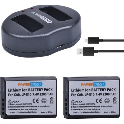 PowerTrust 2Pcs LP-E10 2200mAh LP E10 LPE10 Camera Battery + Dual USB Charger for Canon 1100D 1200D Rebel T3 T5 KISS X50 X70
