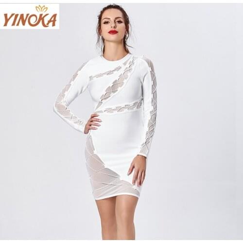 Yinoka Bandage dress white long sleeves formal elegant hollow out sex night party wear for women bodycon dresses