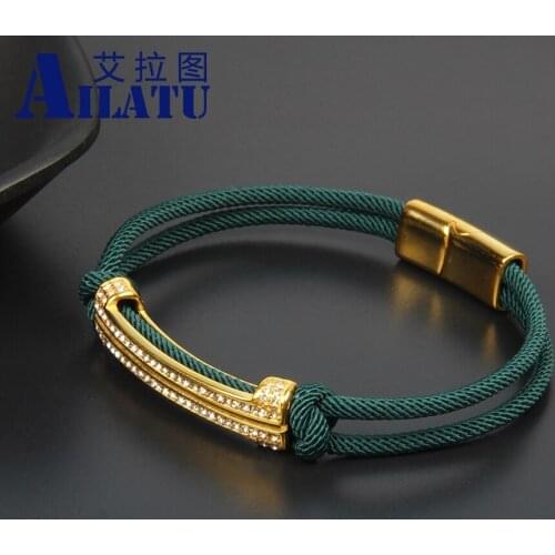 Stainless Steel CZ Long Bar Buckle Bracelet Green String Braided Mens Jewelry Bangle Birthday Gift Drop Shipping