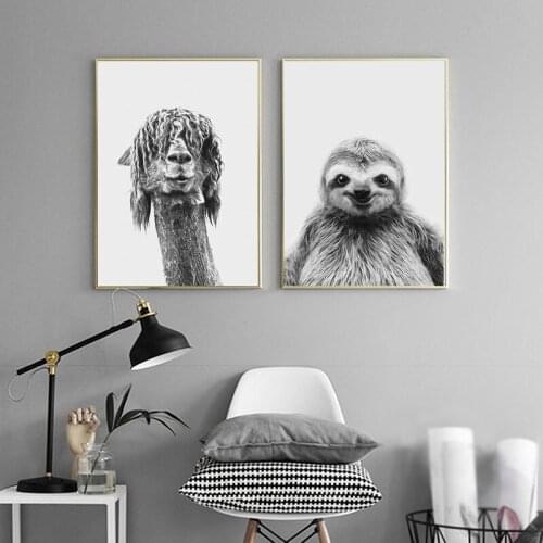 Black White Sloth Alpaca Canvas Painting Poster Animal Nursery Print Nordic Wall Art Picture Kids Bedroom Living Room Home Decor