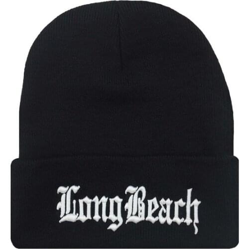 Europe and The United States Style Men and Womens LONG BEACH Embroidery Knitted Wool Acrylic Elastic Cap Hip-Hop Beanies Hat