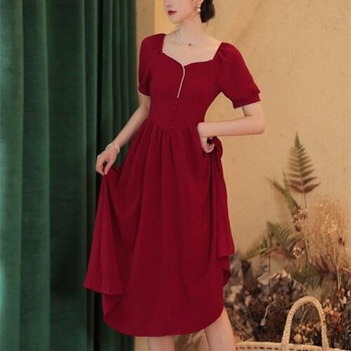 French Tea Break Retro Red Square Collar Dress Design Sense of Niche Summer Fashion Cocktail Party Dress Vestidos de fiesta