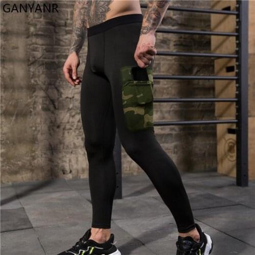 GANYANR Running Tights Men Compression Pants Gym Leggings Sportswear Fitness Basketball Yoga Long Sport Pockets Camouflage Fit