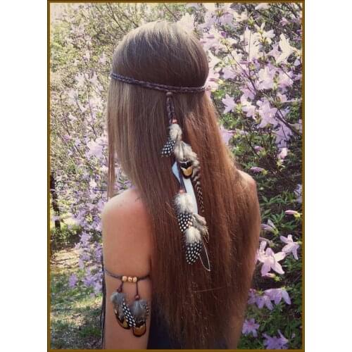 Gypsy Hippie Rope Feather Headbands Head Decoration Tribal Armband Women Ethnic Wood Beads Headband Bracelet Indian Jewelry Sets
