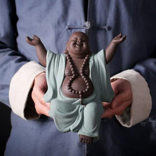 Ceramic Happy Maitreya Buddha Statue Chinese Laughing Buddha Raw ore purple sand handmade sculpture Home decoration crafts