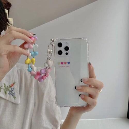 Korean Cute Color little hearts Bracelet Chain Transparent phone Case For iphone 7 8 Puls X XR XS 11 12 pro Max soft Back Cover