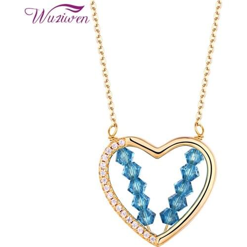 Wuziwen Yellow Gold Heart Shape Pendant Necklace For Women Blue Crystal White AAAAA Cubic Zircon Unique Jewelry Gift