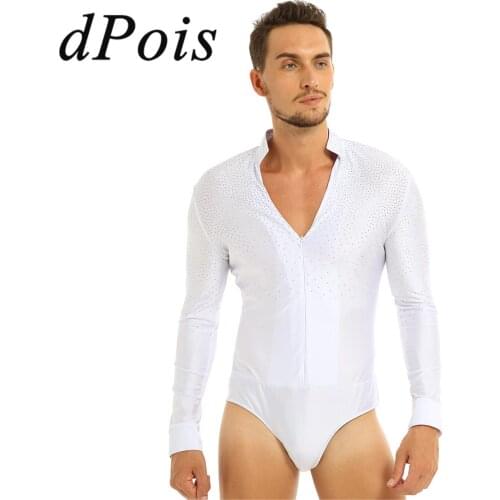 Adult Men One-piece Shiny Glitter Latin Dance Shirt Tops Homme Gymnastics Leotard Bodysuit Man Male Ballroom Tango Dance Wear