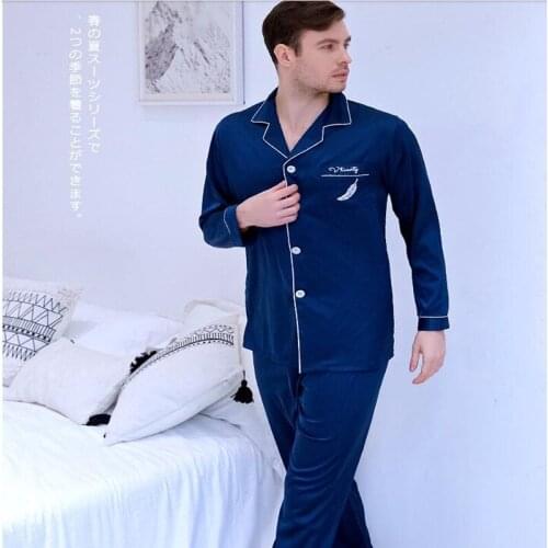 Mens Embroidered Youth Leisure Nightwear Ice Silk Suit Long-sleeved Style Household Clothes All Seasons Students Homewear J022