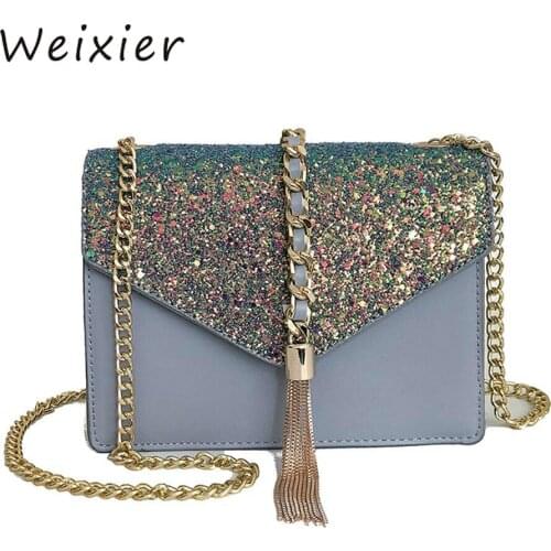 WEIXIER New Ladies Sequin Square bag High quality PU Leather Womens Designer bag Tassel Chain Shoulder Crossbody Bag V1-73