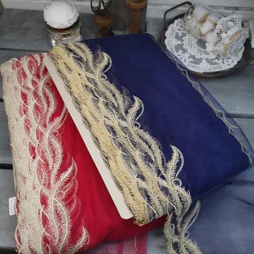New 2Meters/lot 21cm wide Red/ dark blue mesh lace accessories gold thread embroidered trimming dress hem accessories X740