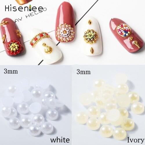 Half Round Pearls Nail Art Rhinestone 3MM White/Ivory Flat Back Acrylic Charm For Nail Art Decorations 2000Pcs/Bag