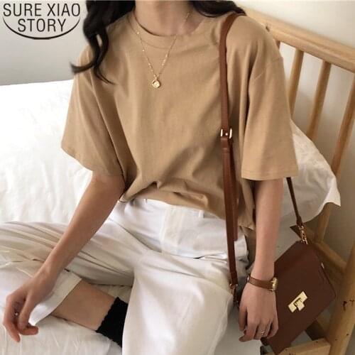 Casual Summer T-shirt Women Fashion 2021 New Soft Free Loose Hot Sale Solid Cotton Short Sleeve Shirts 4 Colors Tees Tops 9702