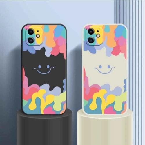 Rainbow Smiley Pattern Liquid Silicone Case For Redmi 9 9A 9T Note 7 8 9 10 Pro Straight Edge Cover Redmi K20 K30 K40 Soft Shell