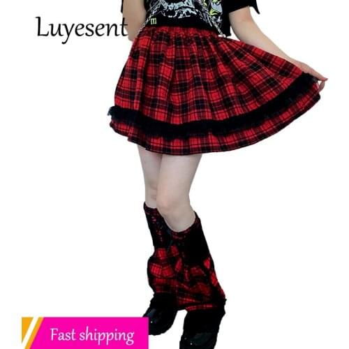 Y2k Black Red Plaid Girl Mini Skirt Gothic Lace Cool Lady Street Pleated Skirts Harajuku Empire Midi Japanses Dark Goth Clothes