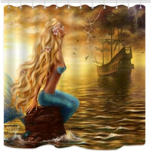 Mermaid Shower Curtain, Fairytale Girls and Pirate Ship on Ocean at Storm Rain, Waterproof Polyester Fabric Shower Curtain Bath