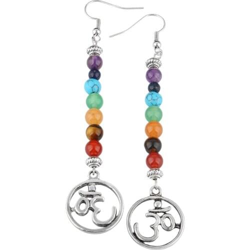 TUMBEELLUWA 7 Chakra Beads OM Hindu Meditation Symbol Dangle Drop Earrings for Women, Yoga Energy Jewelry