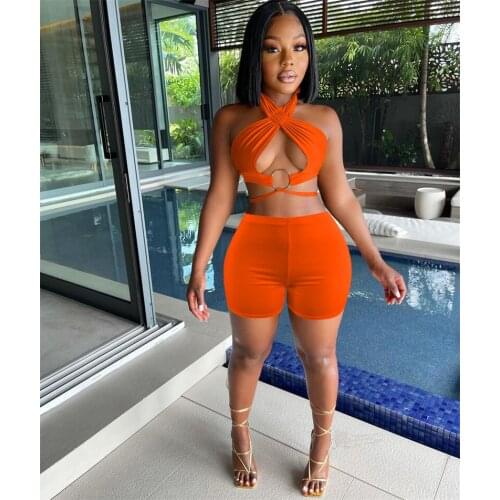 Thorn Tree Sexy Off Shoulder 2 Piece Set Backless Tank Crop Tops Biker Shorts Women Summer Outfits Hollow Out Beachwear Clubwear