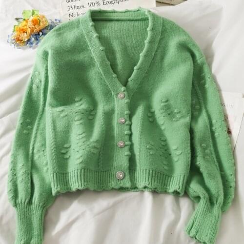 Retro Hollow Out Knitted Sweater Cardigan Women Autumn Fashion Loose Korean Single Breasted Puffs Sleeve Solid Causal Jumpers