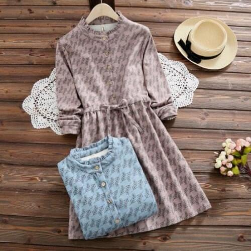Mori Girl Autumn Winter Women Sweet Dress Ruffled Stand Collar Pink Blue Plus Velvet Thick Warm Lady Kawaii Elegant Dress