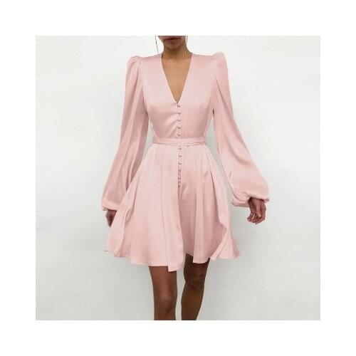 Women Elegant Solid Puff Long Sleeve Party Dress 2021 Spring Sexy V-neck Button Mini Dress Office Lady Loose Belt A-Line Dresses