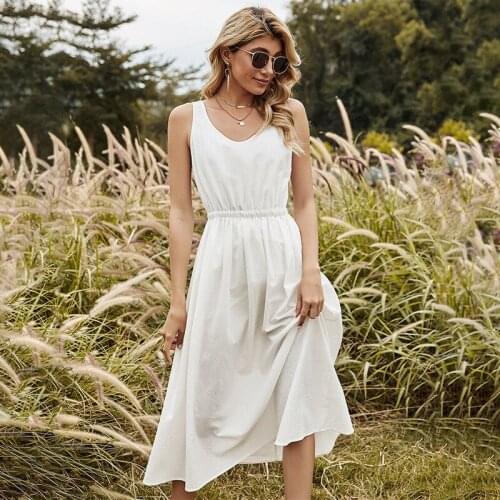 Spring New Sleeveless Dress Women Casual Solid Color O Neck Elegant White Sling Dress for Women 2021 Summer Dress