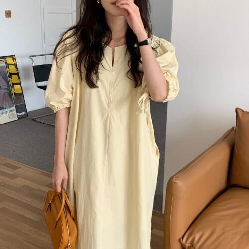 Korean Long Straight Dress Women O-Neck Casual Elegant Sweet Party Dress Midi Length Short Sleeve Summer Dress French