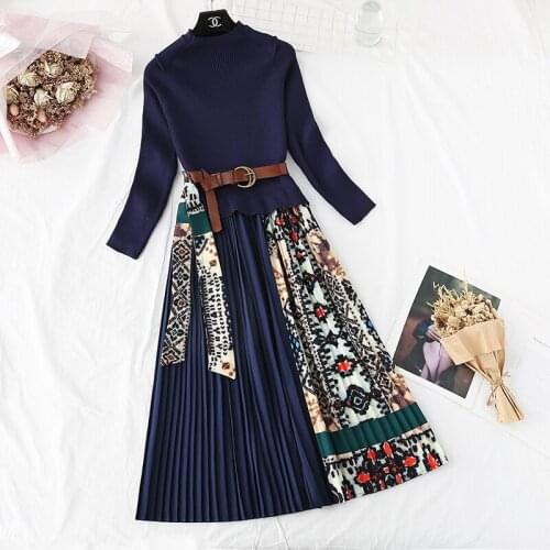Knitted Patchwork Pleated Dress 2020 Spring Women Long Sleeve Sweater Dress Office Vintage Print Midi Dress Free Belt Silk Scarf