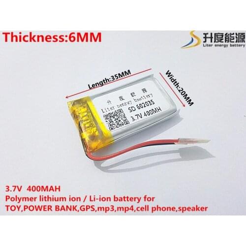 1pieces/lot) 602035 400 mah 3.7V lithium-ion polymer battery quality goods quality of CE FCC ROHS certification authority
