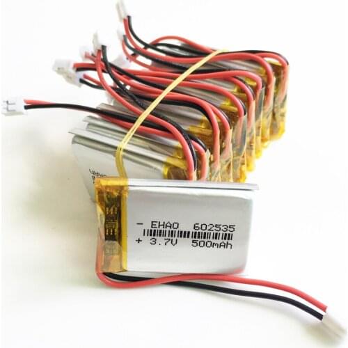 10pcs 3.7V 500mAh LiPo Rechargeable Battery JST 2.0mm 2pin connector Lithium Polymer 602535 For Mp3 GPS bluetooth Camera watch