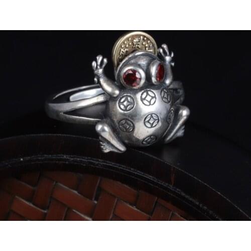 100% S925 sterling silver golden toad ring female retro light coin rotatable index finger ring
