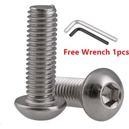 100pcs ISO7380 M5 Hexagon Socket Button Head Round Cap Screw A2-70 Bolts M5x6/8/10/12/14/16/18/20/25/30 Free wrench 1pcs