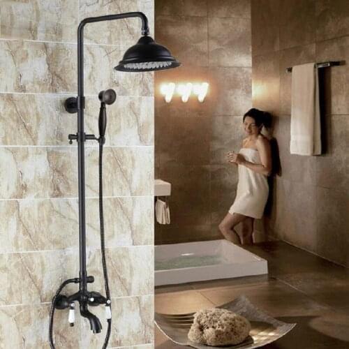Black Oil Rubbed Brass Wall Mounted Bathroom Waterfall 8.2" Round Rain & Hand Shower & Tub Faucet Set Dual Ceramic Lever ahg047