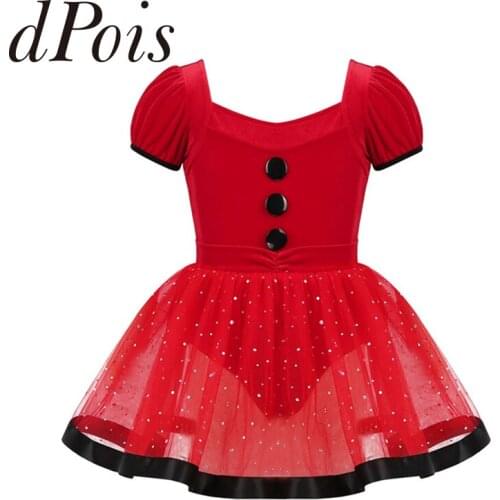 Kids Girls Christmas Dance Costume Short Puff Sleeves Baton Twirling Sequined Mesh Leotard Dress Figure Ice Roller Skating Dress