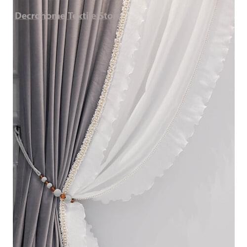 French Living Room Light Luxury Curtains Bedroom Bay Windows High-grade Gray Velvet Not Inverted Velvet Stitching Lace Curtains