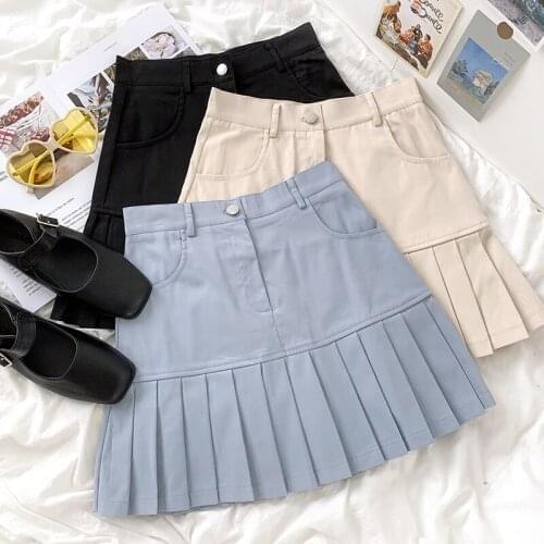 Girly sense of light blue, small man, summer all-match high-waisted thin A-line pleated skirt