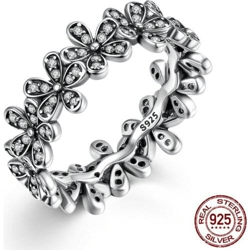 Pure 925 Sterling Silver Flowers Finger Ring Dazzling Daisy Meadow Stackable Ring, Clear CZ rings For Women Wedding Jewelry 7122