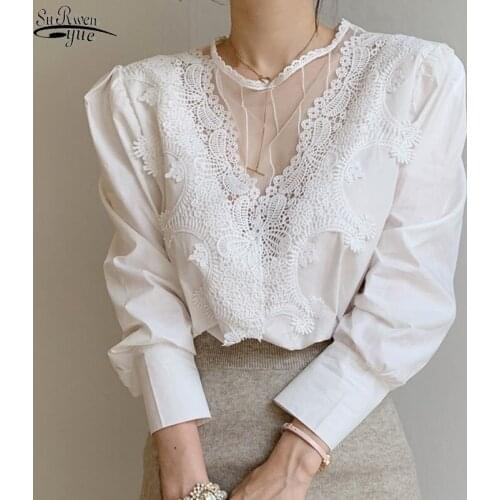 Korea Hollow Out Women Blouse with Lace Office Lady O Neck Shirts Female White Black Long Sleeve Women Blouse and Tops 12622