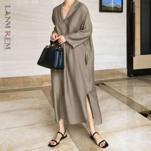 LANMREM Cotton And Linen Long Dress For Women 2021 Autumn Temperament Loose Casual Lapel Dresses Female Fashion Tide 2C2018