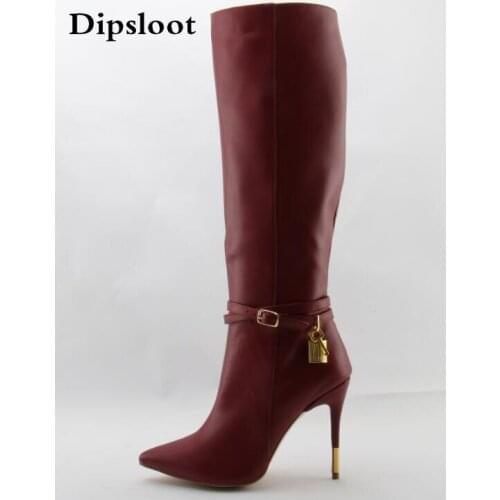 Fall Hot Sale Women Fashion Red Wine Genuine Leather Zipper Pointed Toe Knee High Boots Stiletto Heels Gold Lock Long Boots