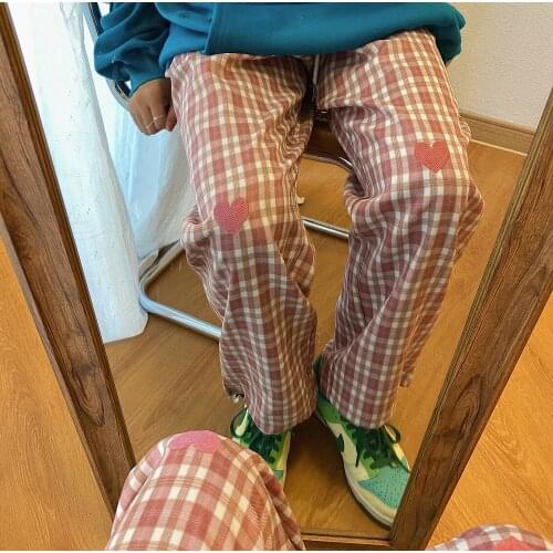2021 Fashion Harajuku Pants Love Plaid Pants New Straight Check Pattern Casual Tooling Trousers Korean Style Streetwear Pants