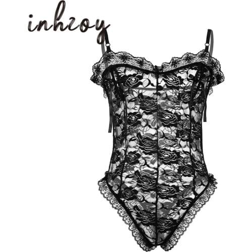 Men Floral Lace Sissy Lingerie Bodysuit Male Crossdressing Transparent Erotic Body Stockings Nightwear Hot Sexy Gay Underwear