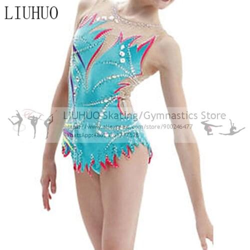 Ice skating apparel Girls Rhythmic Gymnastics Leotards women sky Blue Jewelry Competition Gymnastics Costumes Dance Tights Teens