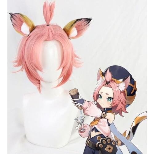 Genshin Impact Diona Wig Cosplay Ears Pink Straight Short Heat Resistant Hair Women Halloween Role Play Diona Cosplay