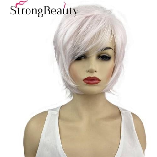 StrongBeauty Short Straight Women Wig Light Pink Mixed with White Hair Synthetic Capless Daily Cosplay Wig Heat Resistanst