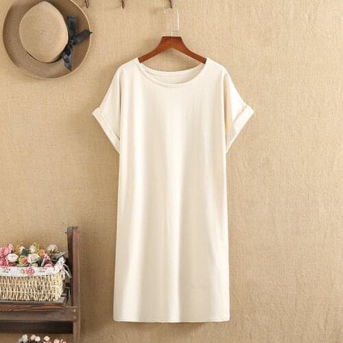 Large Size Dresses O-Neck Short Sleeves Knitted Cotton Stretch Fabric Knee Length Dress Plus Size Solid Color Summer Dresses