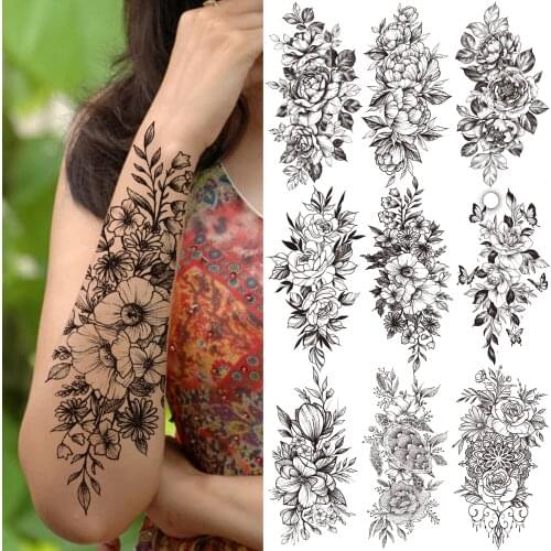 Realistic Fake Peony Flower Temporary Tattoo For Women Girls Black Blossom Rose Tattoos Sticker Orchid Daffodil Sexy Tatoo Decal