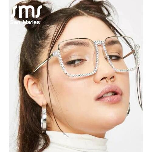 Sen Maries Diamond Square Sunglasses Women Fashion Clear Lens Crystal Frame Gradient Blue Tea Elegant Female Eyewear UV400