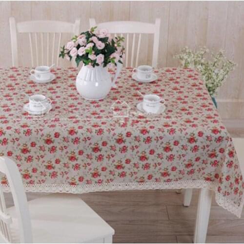 Linen Cotton Table Cloth Romantic Rose Petal Printed Rectangular Table Cover Lace Edge Wedding Table Cloth toalha de mesa